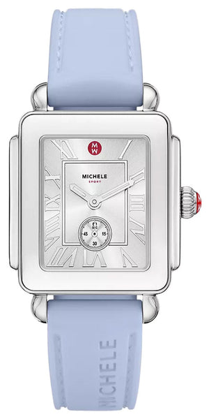 Michele Deco Sport Mid Stainless Steel Silver Dial Pastel Blue Silicone Strap Rectangle Womens Watch MWW06H000006 - Watches & Beyond