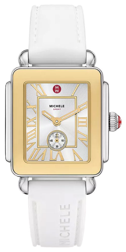 Michele Deco Sport Mid Two - Tone Stainless Steel Silver Dial White Silicone Strap Rectangle Womens Watch MWW06H000007 - Watches & Beyond