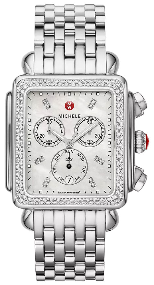 Michele Deco XL Chronograph Day - of - Week/Date Mother - of - Pearl Dial Diamonds Stainless Steel Rectangle Womens Watch MWW06Z000035 - WAB - Shipping Dept.