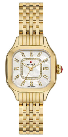 Michele Meggie 18K Gold - Plated Steel Diamonds Square Mother - of - Pearl Dial Womens Watch MWW33B000010 - Watches & Beyond