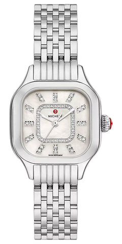 Michele Meggie Stainless Steel Square Mother - of - Pearl Dial Diamonds Womens Watch MWW33B000008 - Watches & Beyond