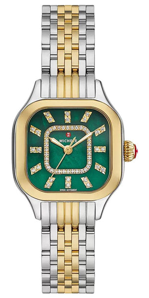 Michele Meggie Two - Tone Stainless Steel Green Mother - of - Pearl Dial Diamonds Womens Watch MWW33B000018 - Watches & Beyond