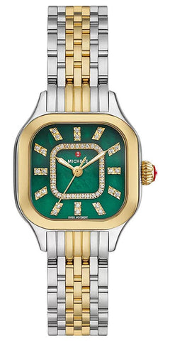 Michele Meggie Two - Tone Stainless Steel Green Mother - of - Pearl Dial Diamonds Womens Watch MWW33B000018 - Watches & Beyond