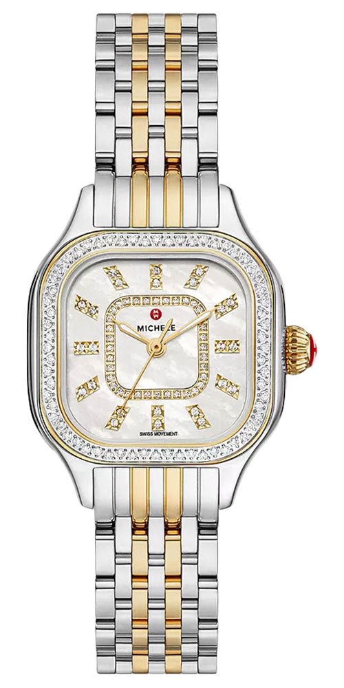 Michele Meggie Two - Tone Steel Diamonds Square Mother - of - Pearl Dial Womens Watch MWW33B000002 - Watches & Beyond
