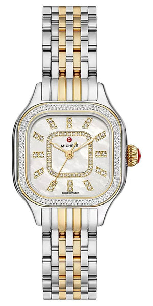 Michele Meggie Two - Tone Steel Diamonds Square Mother - of - Pearl Dial Womens Watch MWW33B000002 - Watches & Beyond