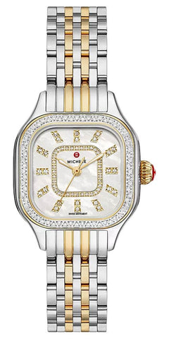 Michele Meggie Two - Tone Steel Diamonds Square Mother - of - Pearl Dial Womens Watch MWW33B000002 - Watches & Beyond