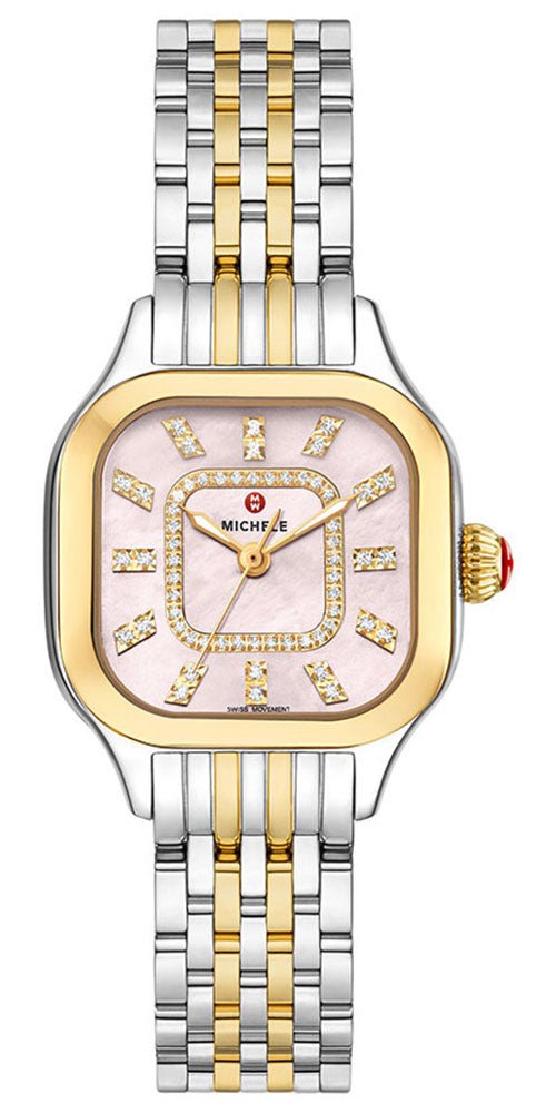 Michele Meggie Two - Tone Steel Diamonds Square Peony Pink Mother - of - Pearl Dial Womens Watch MWW33B000014 - Watches & Beyond