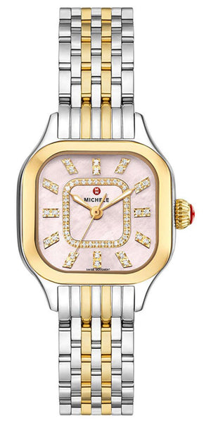 Michele Meggie Two - Tone Steel Diamonds Square Peony Pink Mother - of - Pearl Dial Womens Watch MWW33B000014 - Watches & Beyond