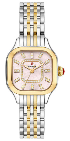 Michele Meggie Two - Tone Steel Diamonds Square Peony Pink Mother - of - Pearl Dial Womens Watch MWW33B000014 - Watches & Beyond