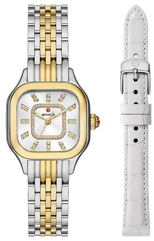 Michele Meggie Two - Tone Steel Diamonds Square Silver Dial Interchangeable White Leather Strap Womens Watch Gift Set MWW33B001SET - Watches & Beyond