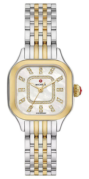 Michele Meggie Two - Tone Steel Square Mother - of - Pearl Dial Diamonds Womens Watch MWW33B000009 - Watches & Beyond