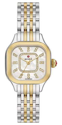Michele Meggie Two - Tone Steel Square Mother - of - Pearl Dial Diamonds Womens Watch MWW33B000009 - Watches & Beyond