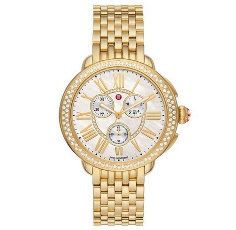 Michele Serein Chronograph Diamonds Mother - of - Pearl Dial 18K Gold - Plated Steel Womens Watch MWW21A000070 - Watches & Beyond