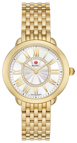 Michele Serein Mid Diamonds Silver Dial 18K Gold - Plated Steel Womens Watch MWW21B000160 - Watches & Beyond