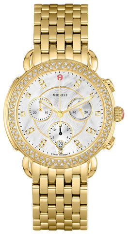 Michele Sidney Chronograph Diamonds Mother - of - Pearl Dial 18K Gold - Plated Steel Womens Watch MWW30A000008 - Watches & Beyond