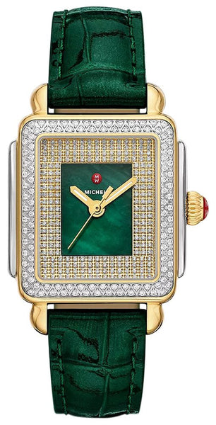 Michele Special Edition Deco Madison Mid Green Mother - of - Pearl Dial Diamonds Two - Tone Steel Green Leather Strap Women's Watch MWW06G000048 - Watches & Beyond