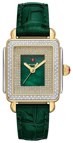 Michele Special Edition Deco Madison Mid Green Mother - of - Pearl Dial Diamonds Two - Tone Steel Green Leather Strap Women's Watch MWW06G000048 - Watches & Beyond