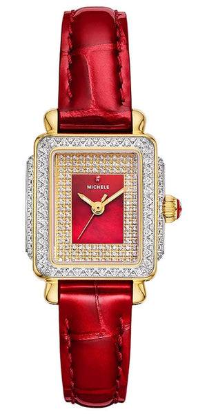 Michele Special Edition Deco Madison Mini Red Mother - of - Pearl Dial Diamonds Red Leather Strap Women's Watch MWW06D000170 - Watches & Beyond