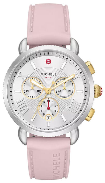Michele Sport Sail Chronograph Silver Dial Date Peony Pink Silicone Women's Watch MWW01P000023 - Watches & Beyond