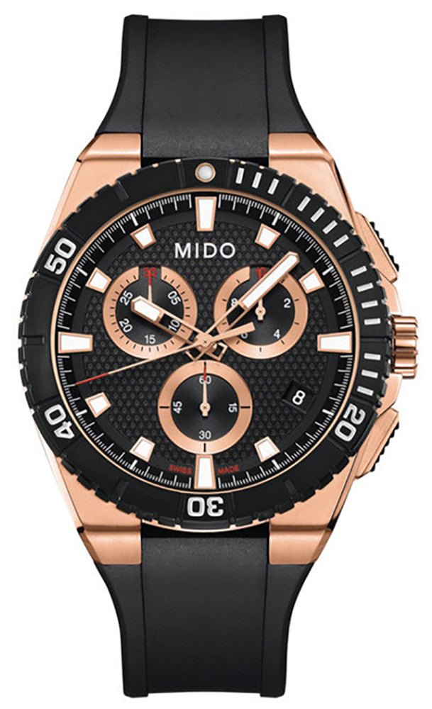 Mido Ocean Star Captain Chronograph Rose Gold PVD Black Dial Black Rubber Strap Date Divers Quartz Mens Watch M023.417.37.051.00 - Watches & Beyond