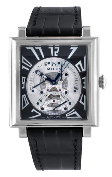 Milus Herios TriRetrograde Automatic Stainless Steel Black Skeleton Dial Black Leather Strap Square Mens Watch HERT001 - Watches & Beyond