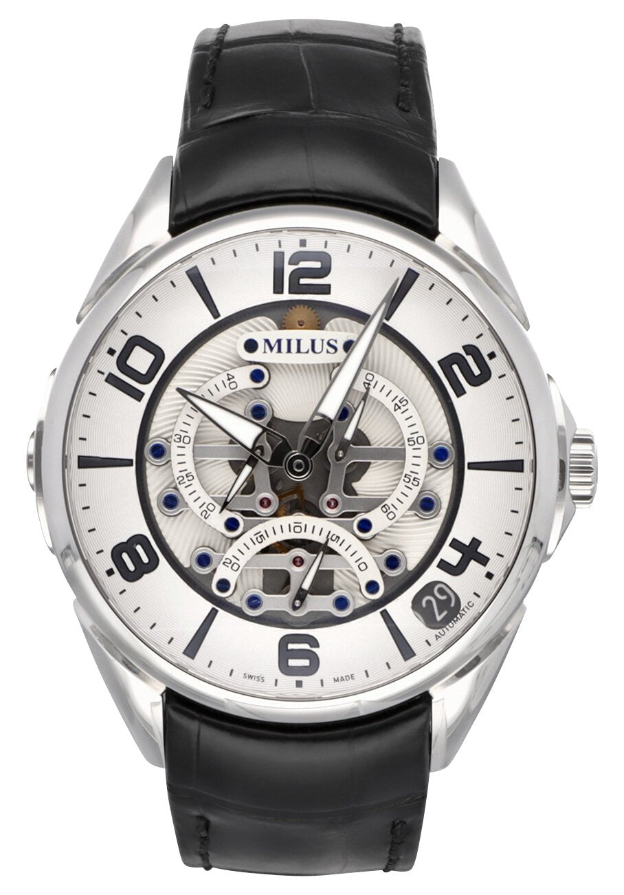 Milus Tirion TriRetrograde Automatic Stainless Steel Silver Skeleton Dial Black Leather Strap Date Mens Watch TIRI014 - Watches & Beyond