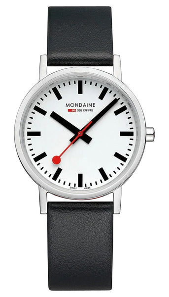 Mondaine Classic Stainless Steel White Dial Black Vegan Leather Strap Quartz Unisex Watch A660.30314.16SBB - WAB - Shipping Dept.