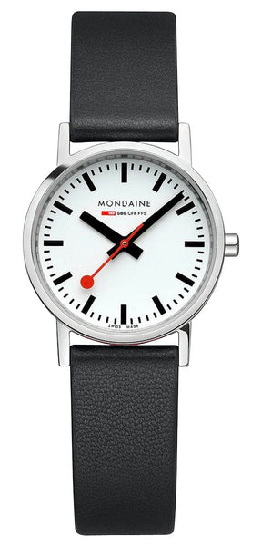 Mondaine Classic Stainless Steel White Dial Black Vegan Leather Strap Quartz Womens Watch A658.30323.11SBB - WAB - Shipping Dept.