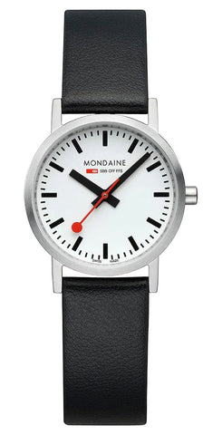 Mondaine Classic Stainless Steel White Dial Black Vegan Leather Strap Quartz Womens Watch A658.30323.16SBB - WAB - Shipping Dept.