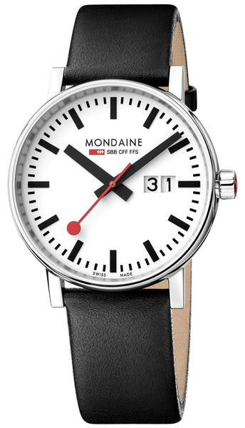 Mondaine EVO2 Stainless Steel White Dial Black Leather Strap Date Quartz Mens Watch MSE.40210.LB - WAB - Shipping Dept.