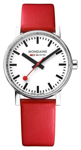 Mondaine EVO2 Stainless Steel White Dial Red Leather Strap Quartz Unisex Watch MSE.35110.LC - WAB - Shipping Dept.