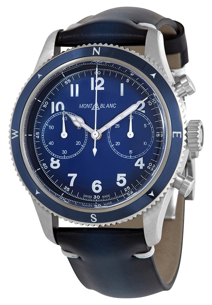 Montblanc 1858 Automatic Chronograph Stainless Steel Blue Dial Blue Leather Strap Mens Watch 126912 - Watches & Beyond
