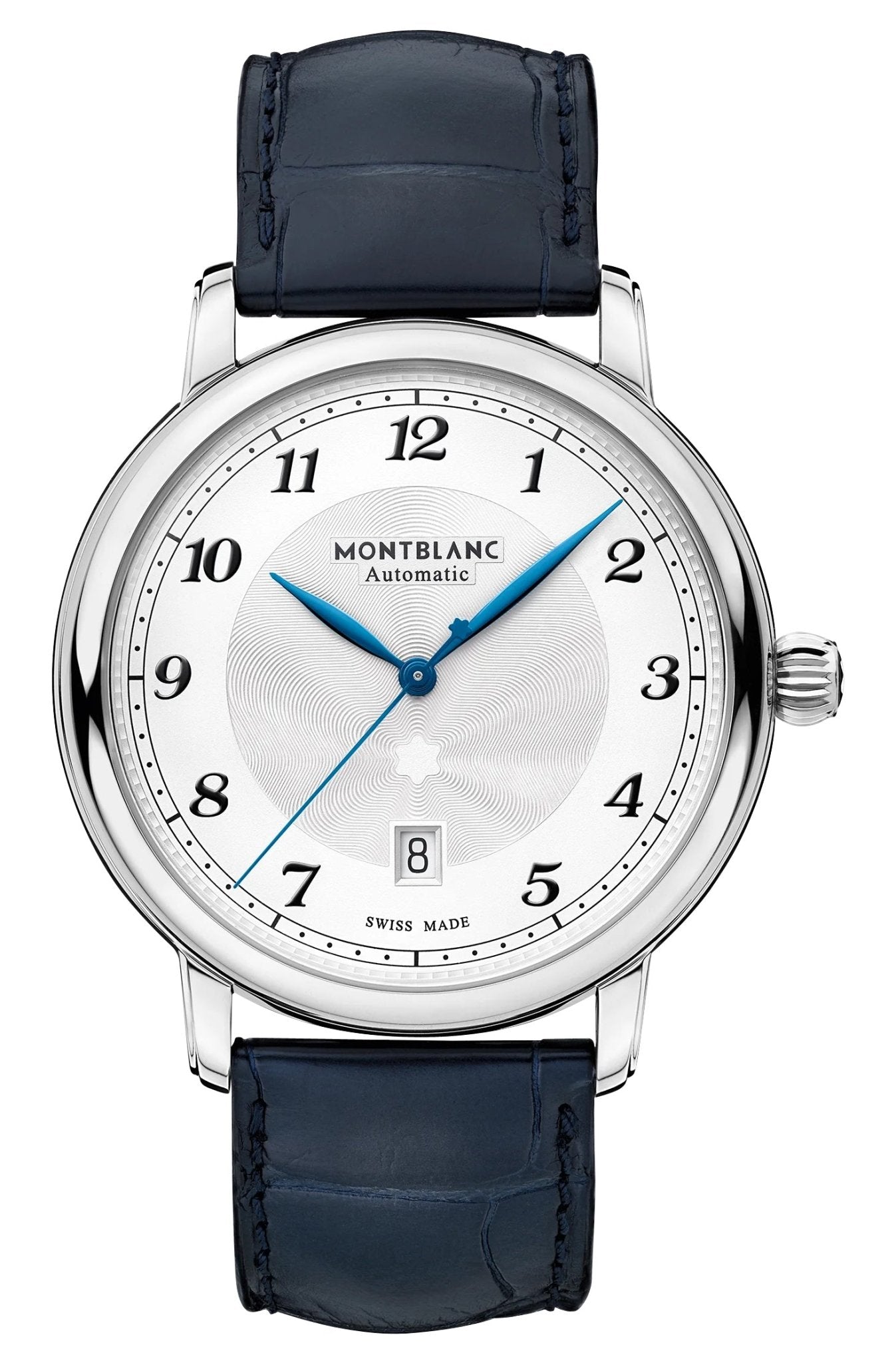 Montblanc Star Legacy Automatic Stainless Steel Silver Dial Blue Leather Strap Date Mens Watch 117575 - WAB - Shipping Dept.