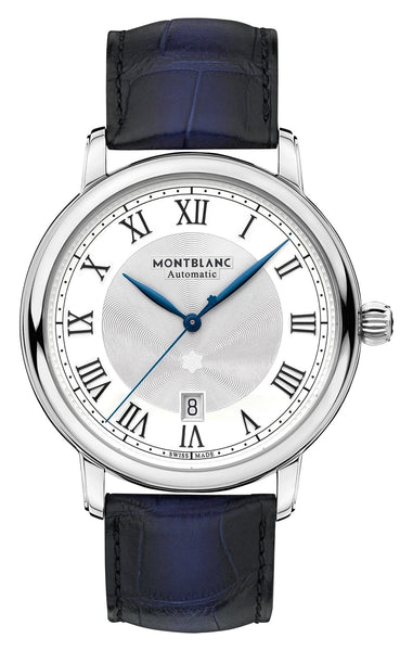 Montblanc Star Legacy Automatic Stainless Steel Silver Dial Blue Leather Strap Date Mens Watch 131209 - Watches & Beyond
