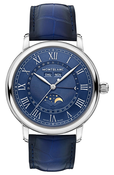 Montblanc Star Legacy Full Calendar Automatic Stainless Steel Blue Dial Blue Leather Strap Day/Date Month Moonphase Mens Watch 130967 - Watches & Beyond
