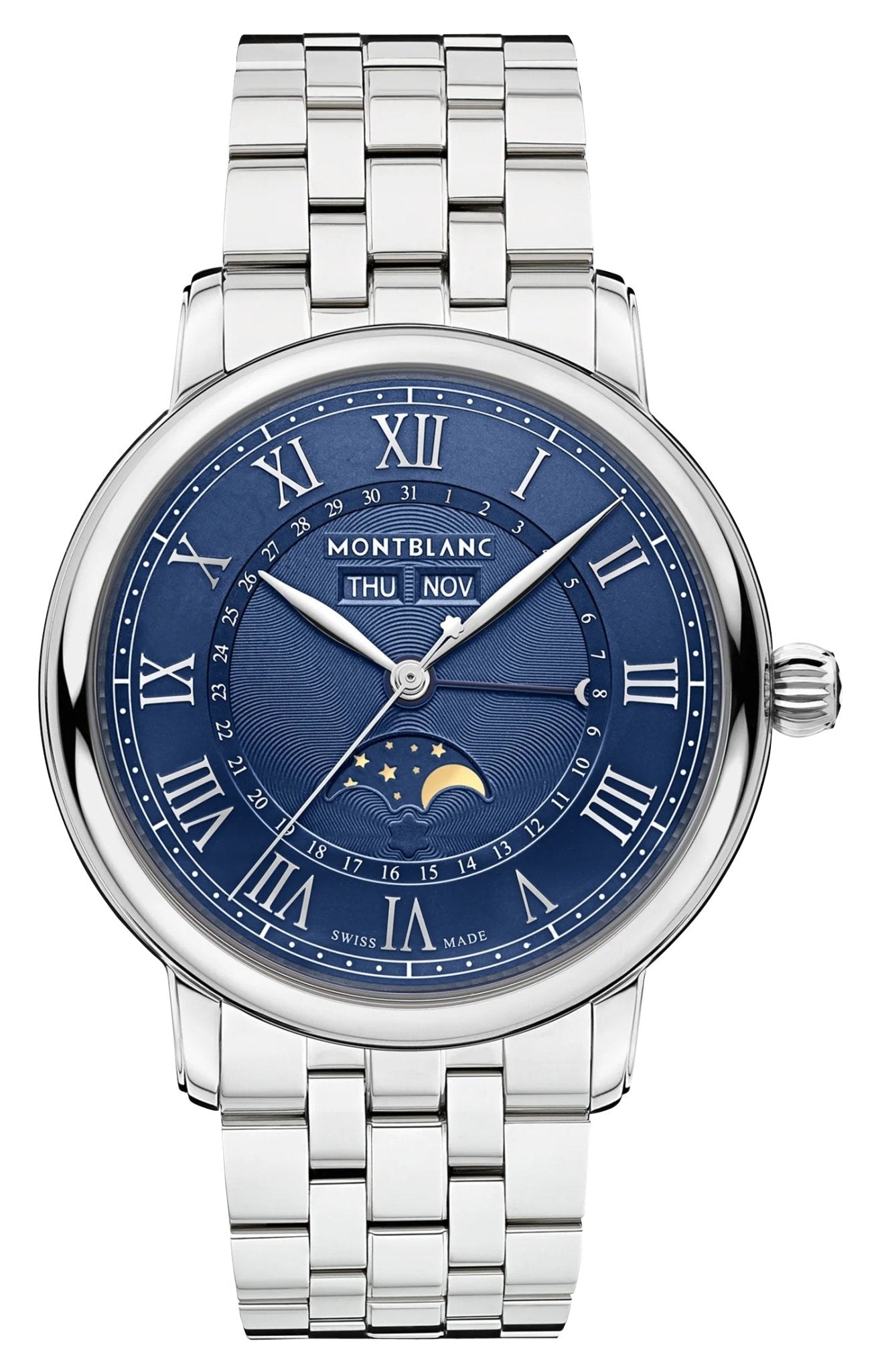 Montblanc Star Legacy Full Calendar Automatic Stainless Steel Blue Dial Day/Date Month Moonphase Mens Watch 130968 - Watches & Beyond