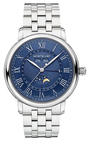 Montblanc Star Legacy Full Calendar Automatic Stainless Steel Blue Dial Day/Date Month Moonphase Mens Watch 130968 - Watches & Beyond