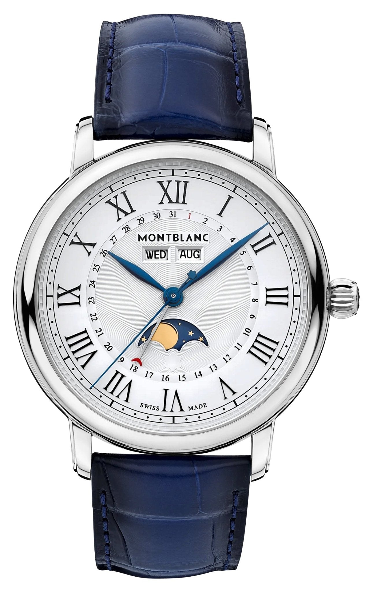 Montblanc Star Legacy Full Calendar Automatic Stainless Steel White Dial Blue Leather Strap Day/Date Month Moonphase Mens Watch 128676 - Watches & Beyond