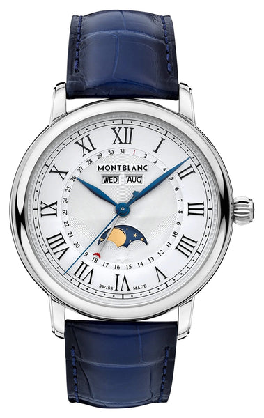 Montblanc Star Legacy Full Calendar Automatic Stainless Steel White Dial Blue Leather Strap Day/Date Month Moonphase Mens Watch 128676 - Watches & Beyond