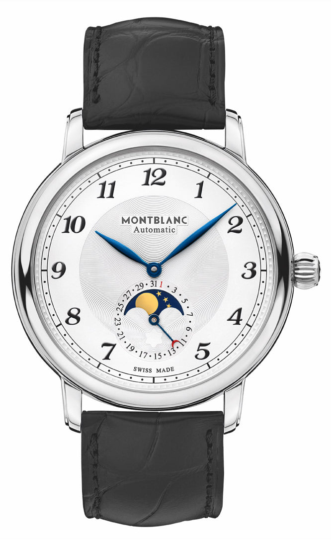 Montblanc Star Legacy Moonphase Automatic Stainless Steel White Dial Black Leather Strap Date Mens Watch 116508 - Watches & Beyond