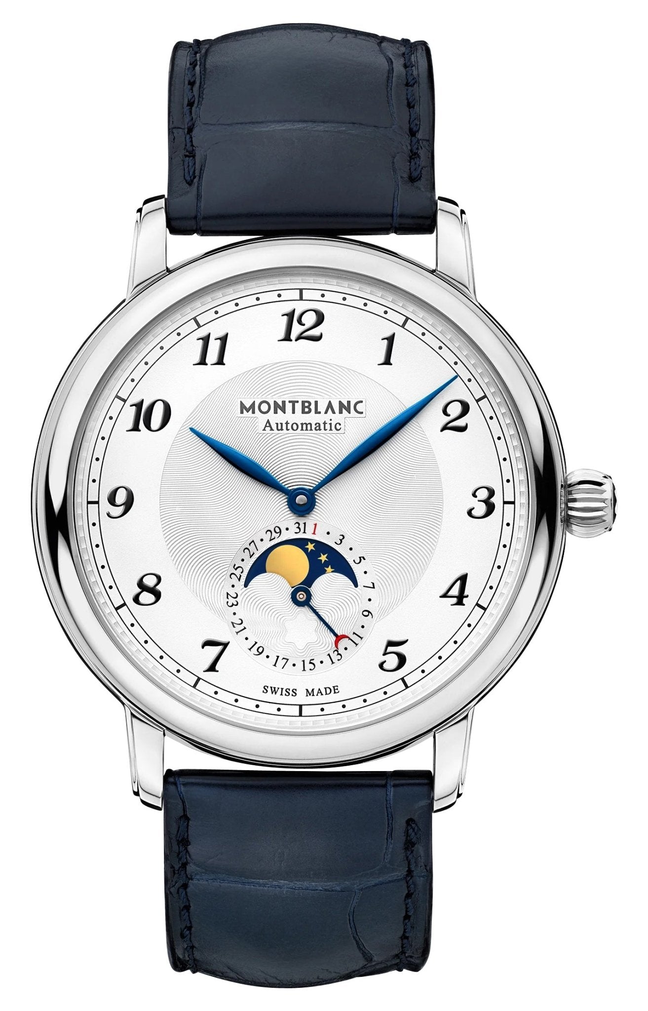 Montblanc Star Legacy Moonphase Automatic Stainless Steel White Dial Blue Leather Strap Date Mens Watch 117578 - Watches & Beyond