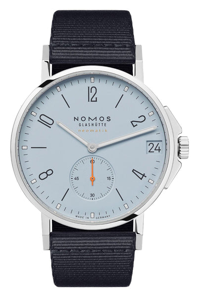NOMOS Glashutte Ahoi Neomatik 38 Date Automatic Stainless Steel Sky Blue Dial Navy Textile Strap Divers Mens Watch 526 - Watches & Beyond