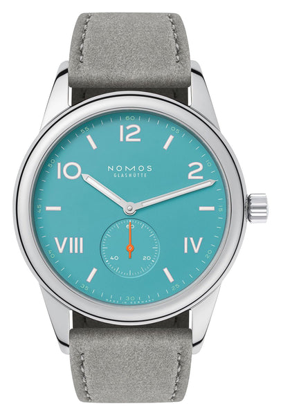 NOMOS Glashutte Club Campus 38 "Endless Blue" Manual Wind Stainless Steel Turquoise Blue Dial Gray Velour Strap Mens Watch 724.GB - Watches & Beyond