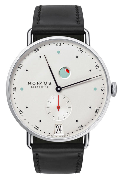 NOMOS Glashutte Metro Date Power Reserve Manual Wind Stainless Steel White Dial Black Leather Strap Mens Watch 1101 - Watches & Beyond