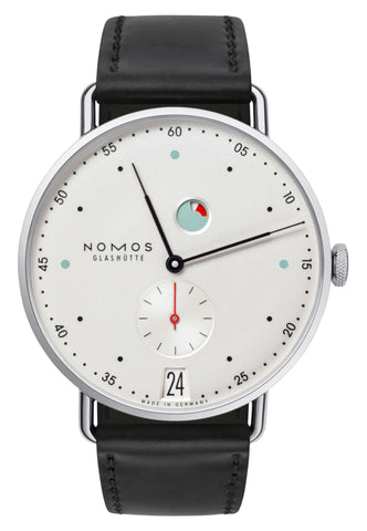 NOMOS Glashutte Metro Date Power Reserve Manual Wind Stainless Steel White Dial Black Leather Strap Mens Watch 1101 - Watches & Beyond