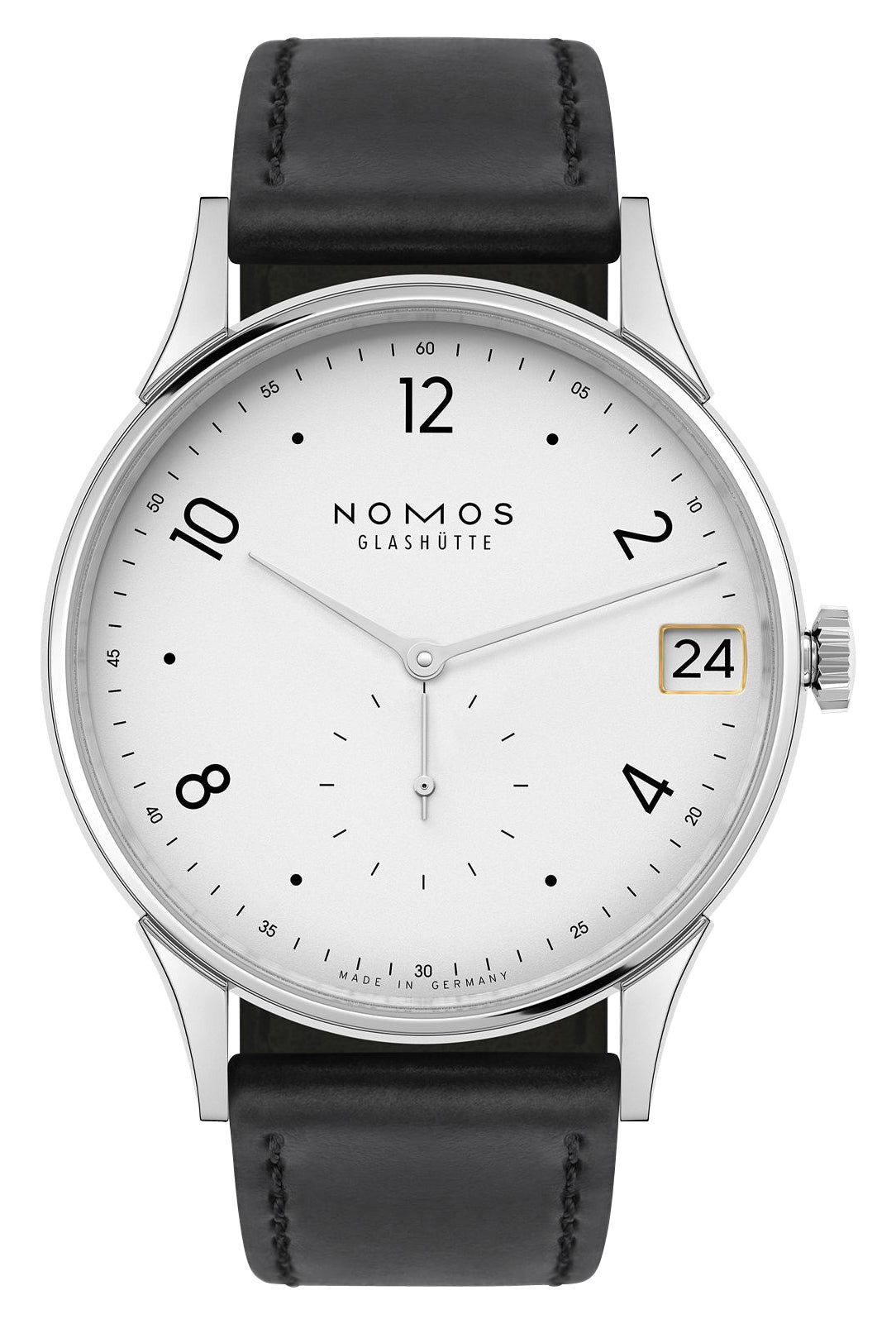 NOMOS Glashutte Minimatik 39 Date Manual Wind Stainless Steel White/Silver Dial Black Leather Strap Mens Watch 1250 - Watches & Beyond
