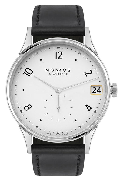 NOMOS Glashutte Minimatik 39 Date Manual Wind Stainless Steel White/Silver Dial Black Leather Strap Mens Watch 1250 - Watches & Beyond