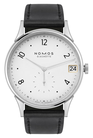 NOMOS Glashutte Minimatik 39 Date Manual Wind Stainless Steel White/Silver Dial Black Leather Strap Mens Watch 1250 - Watches & Beyond