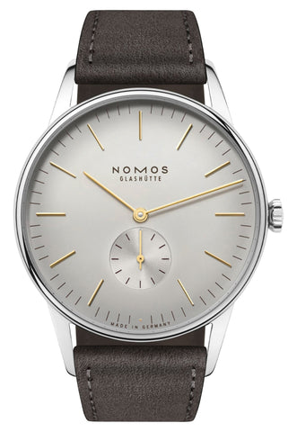 NOMOS Glashutte Orion 38 Manual Wind Stainless Steel Silver Dial Gray Leather Strap Mens Watch 378 - Watches & Beyond