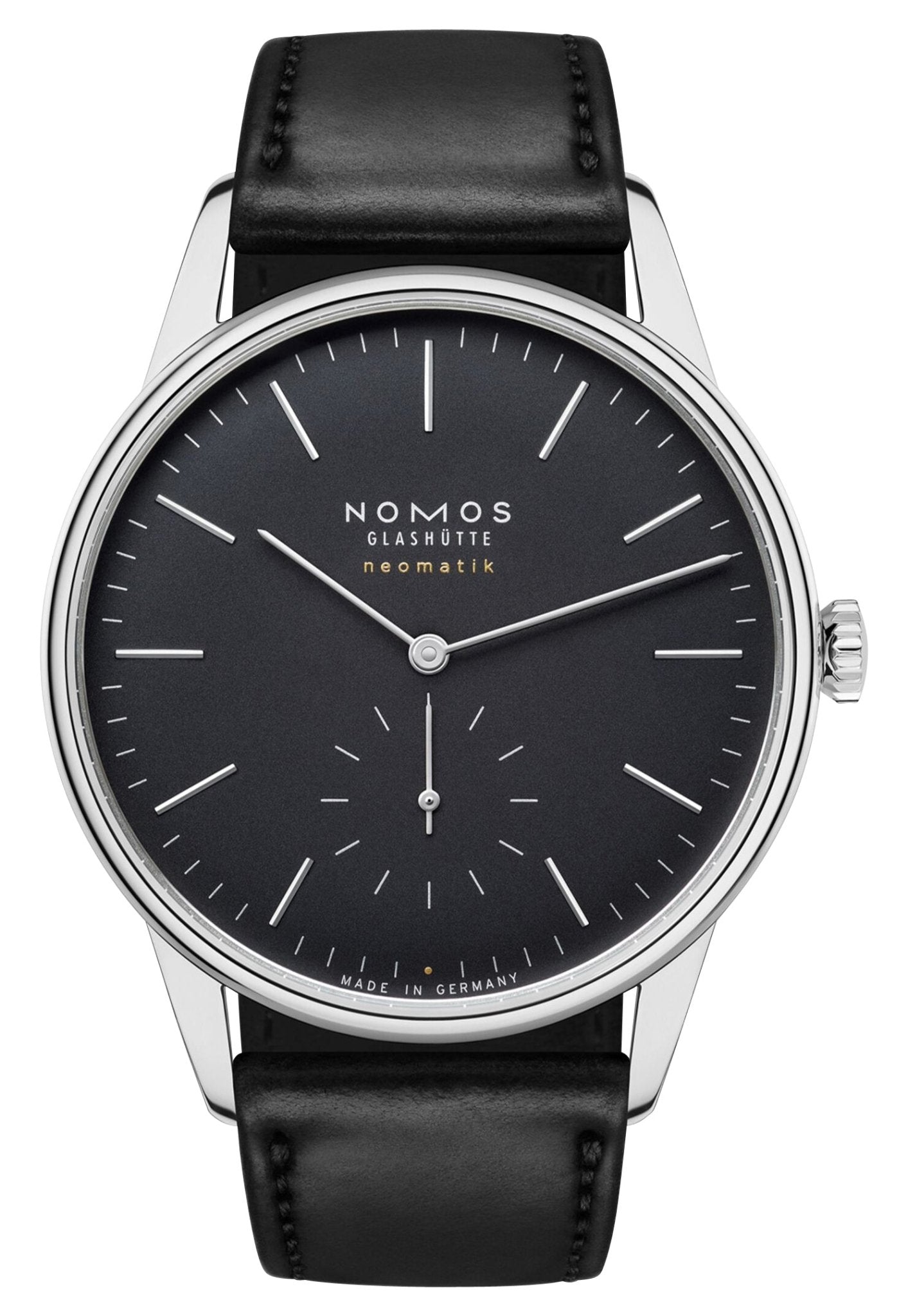 NOMOS Glashutte Orion Neomatik 39 Automatic Stainless Steel Black Dial Black Leather Strap Mens Watch 346 - Watches & Beyond